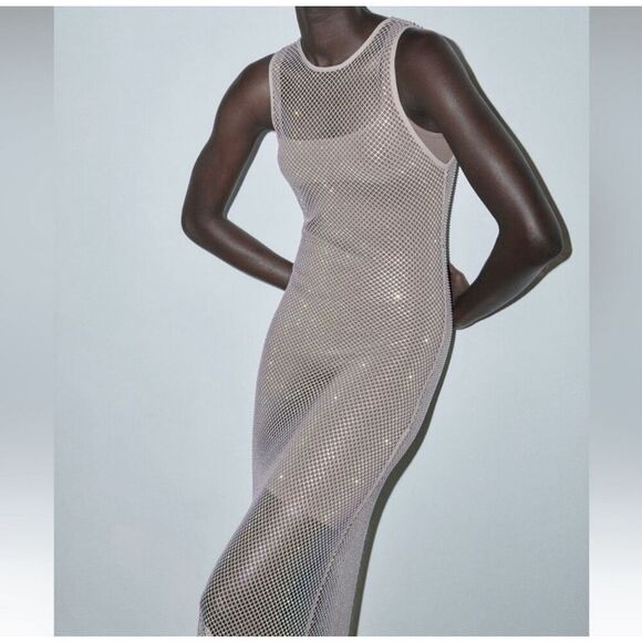 Zara Viral Blogger Favorite Nude Rhinestone Mesh Sheer Pullover Sleeveless Maxi - Picture 9 of 13
